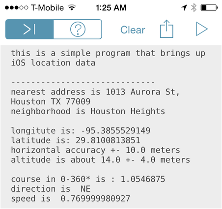 Screen shot of pythonista screen showing results of "Get Location" script.