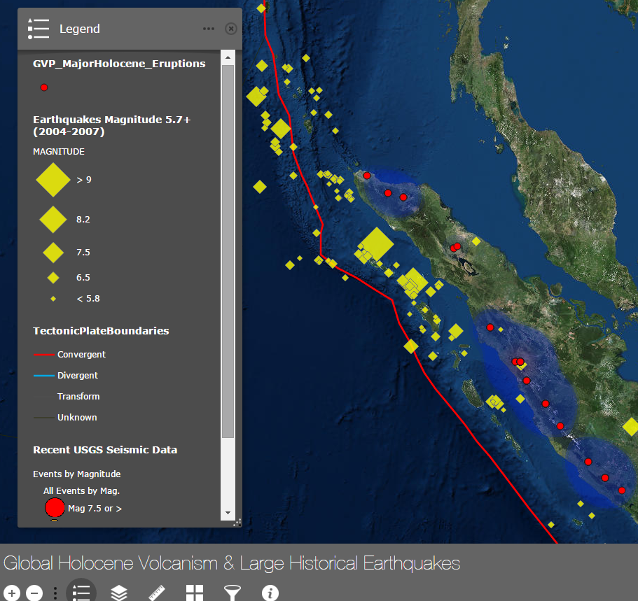 Screenshot of Map App on Holocene Volcanoes and Historic Earthquakes